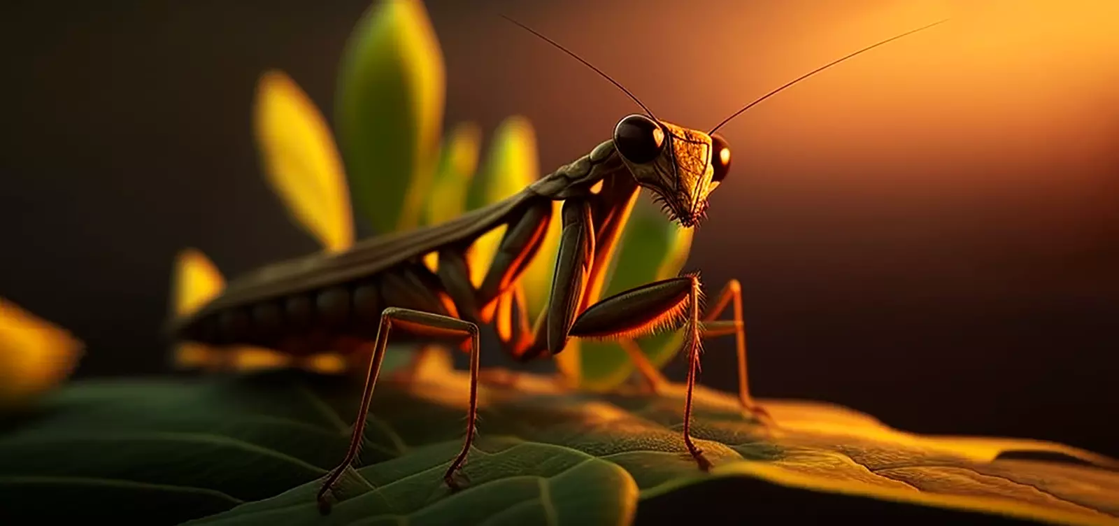 mantis sits leaf sunsetmantis sits leaf sunset